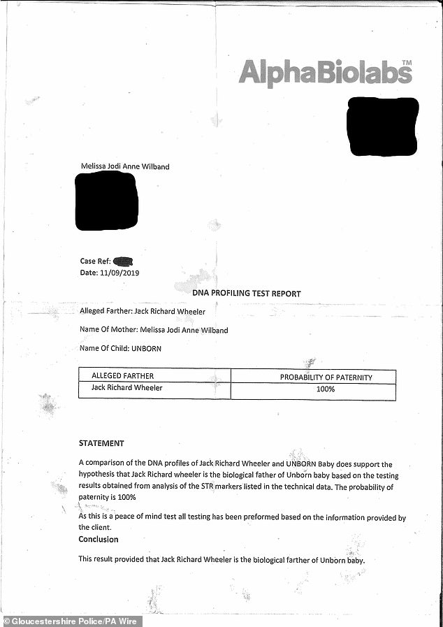 The trial was earlier told how Wilband told a 'spiral of lies', including how she faked a paternity test (pictured) to falsely claim Mr Wheeler was Lexi's biological father