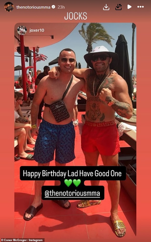 Conor McGregor has brazenly ignored the cheating scandal he has been embroiled in as he posted photographs of himself partying on a 'jocks' holiday (pictured)