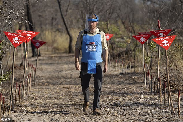 Prince Harry in Angola yesterday to recreate his mother's historic landmine walk from 1997, making an equally perilous pilgrimage down a dust track – for the third time