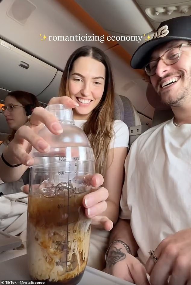 Natalia Corso, 28, from the U.S., shared a 'genius' trick for economy passengers to feel like they've been upgraded - and all it involves is bringing onboard a common item found in many kitchens