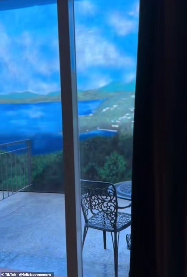 In the clip, Felicia's partner is captured dramatically sweeping open the curtains to reveal a charming table and two chairs perfectly positioned in front of a breathtaking scene