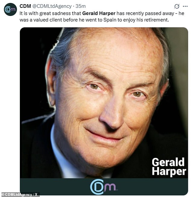 CDM Talent Agency confirmed the sad news in a statement on social media on Friday. They wrote: 'It is with great sadness that Gerald Harper has recently passed away - he was a valued client before he went to Spain to enjoy his retirement.'