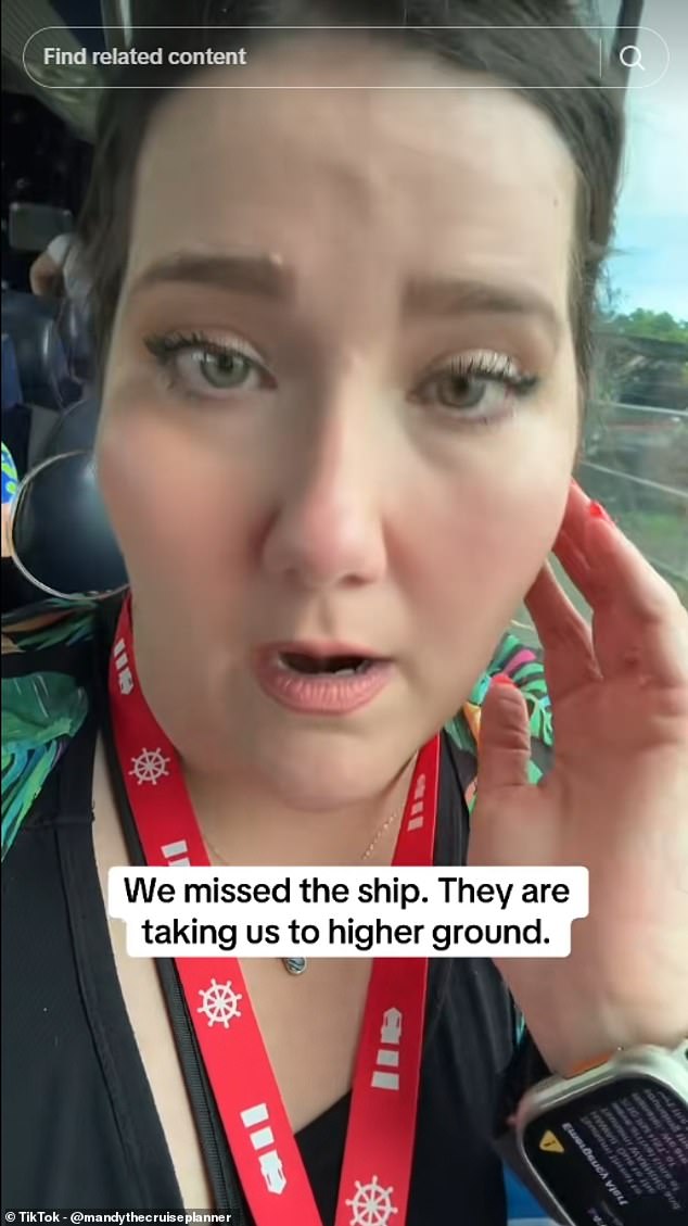 While in another video, posted by @mandythecruiseplanner , appeared to show a bus load of people who had missed a cruise in Hawaii