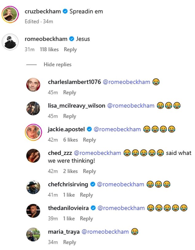 His older brother Romeo, 22, savaged the joker with a cheeky response in his comments which sparked a wave of replies from fans who appeared to all think the same thing