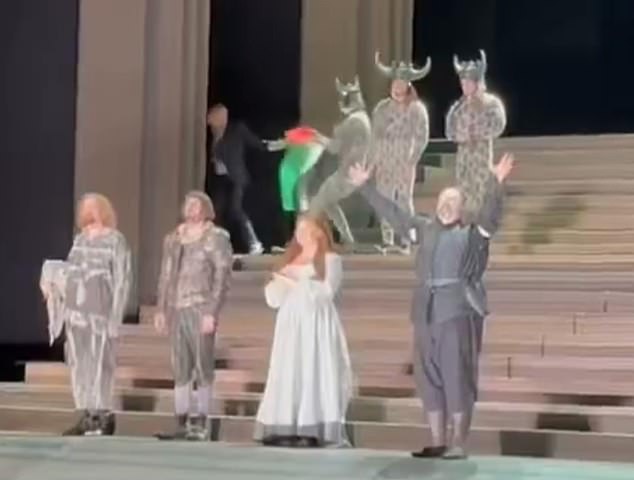 Daniel Perry - who uses 'they/them' pronouns - staged the protest during a curtain call earlier this month and despite an off-stage figure attempting to yank the flag out of their hand, they continued to wave it while taking a bow