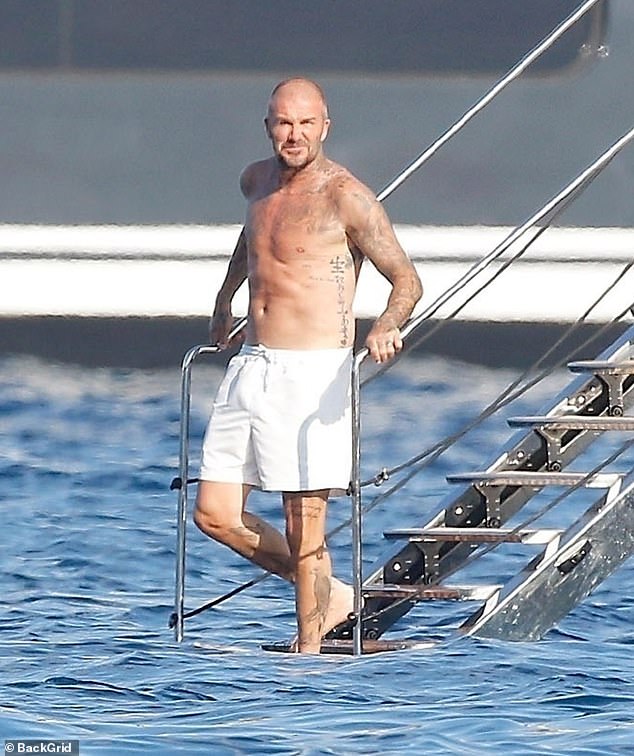 David Beckham ditched his tight white underwear during a luxury yacht trip with the Ramsays on holiday in the south of France on Wednesday