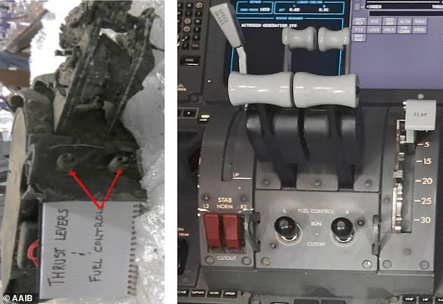 The Thrust Lever (left) was also found with significant thermal damage, and were found to remain forward until impact. Both fuel control switches were found in the 'RUN' position (right)
