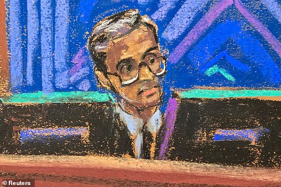 U.S. District Judge Arun Subramanian gives legal instructions to the jury, during Sean "Diddy" Combs' sex trafficking trial in New York City, New York, U.S., June 30, 2025 in this courtroom sketch. REUTERS/Jane Rosenberg