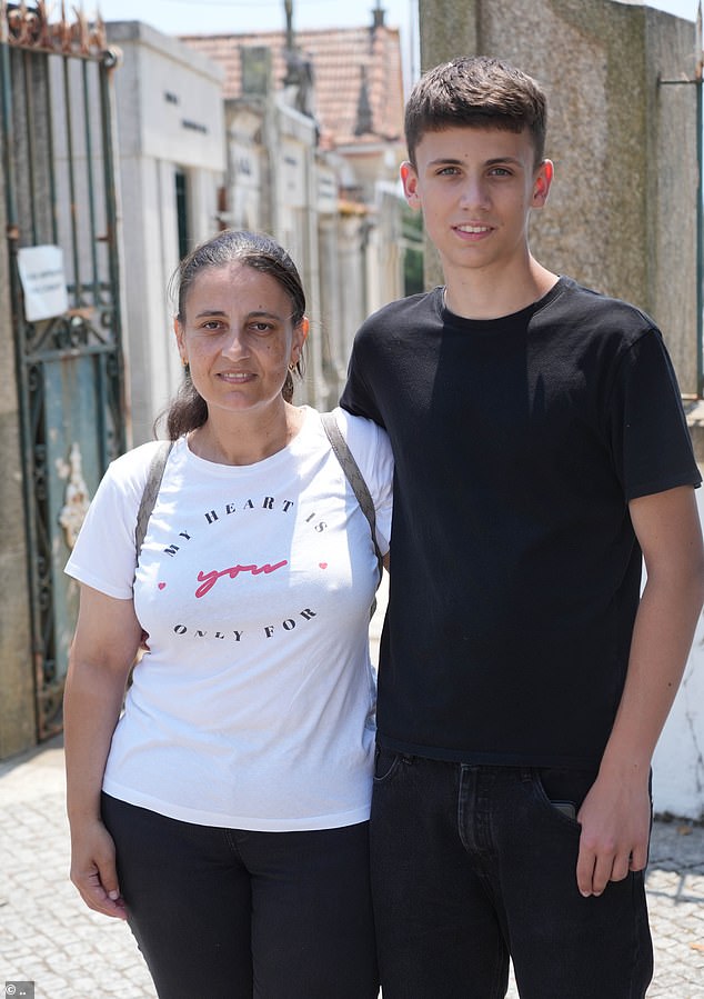 Liliana Monteito, 44, pictured with her son Paulo, 16. She said it was 'really sad' not see Ronaldo attend the funeral of his teammate Jota
