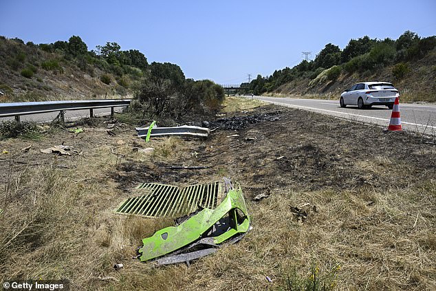 Parts of the green Lamborghini the brothers were driving in have been pictured at the scene