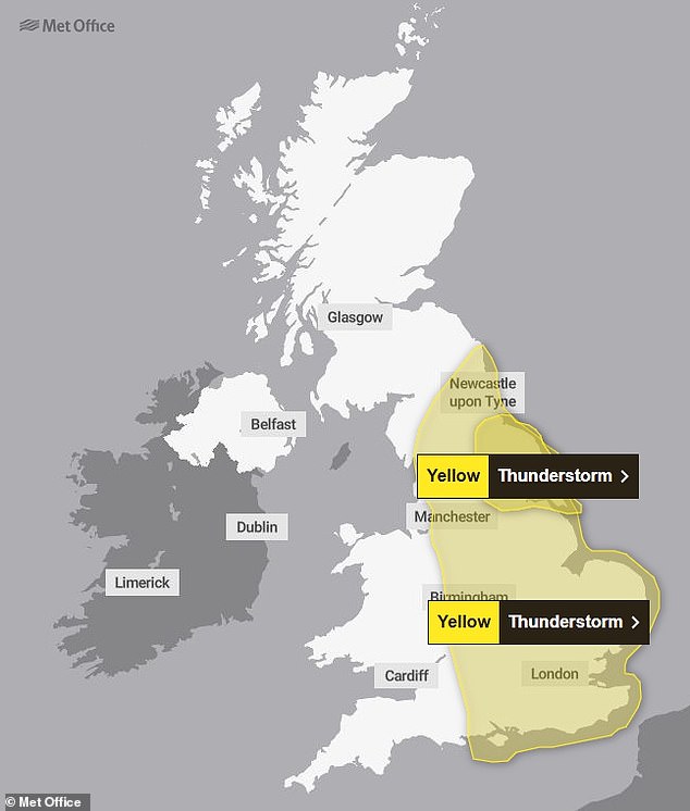 A Met Office yellow thunderstorm warning is in place for North East England from 12pm today until 8pm, and then for most of the rest of England from 9pm until 6pm tomorrow