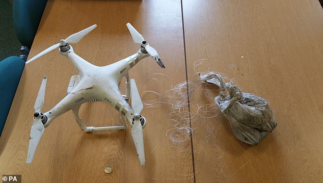 A drone and the bag of drugs it attempted to smuggle into a prison. Up to six in 10 prisoners, at some of the worst offending jails, test positive for drugs