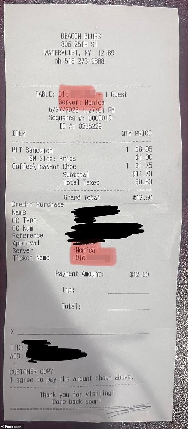 The receipt revealed that the waitress labeled the table the women were sitting at as 'Old B****es'