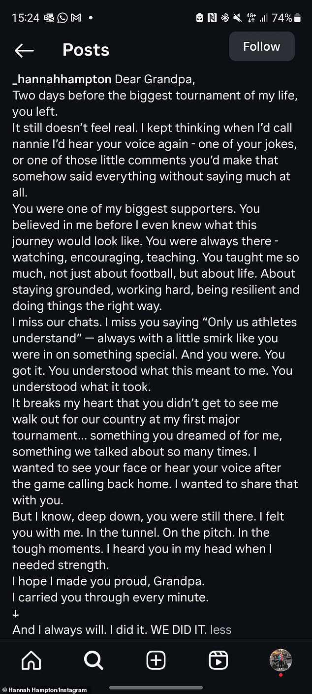Hampton penned a lengthy, emotional message in memory of her grandfather on social media