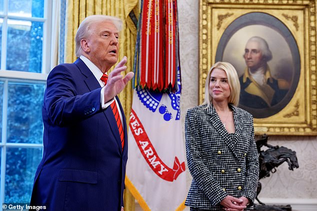 U.S. President Donald Trump, accompanied by newly sworn-in U.S. Attorney General Pam Bondi, speaks to member of the media in the Oval Office at the White House on February 05, 2025 in Washington, DC