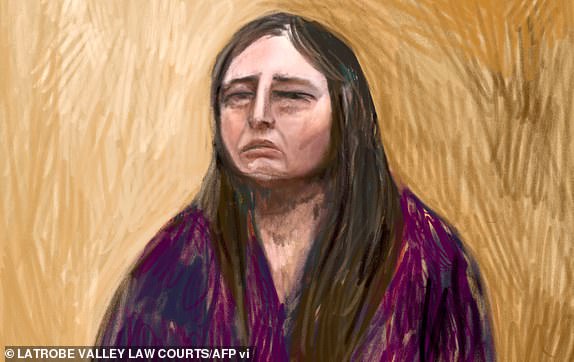 A handout court sketch drawn from a video link on June 2, 2025, and received on June 19, 2025, shows Erin Patterson, an Australian woman accused of murdering three people with a toxic mushroom-laced beef Wellington, at the Latrobe Valley Law Courts in Morwell, south of Melbourne, as she faces trial in a case that has grabbed global attention. Patterson, 50, is charged with murdering her estranged husband's parents and aunt in July 2023 by spiking their beef Wellington lunch with death cap mushrooms. (Photo by Anita LESTER and Handout / LATROBE VALLEY LAW COURTS / AFP) / RESTRICTED TO EDITORIAL USE - MANDATORY CREDIT "AFP PHOTO / ANITA LESTER/ LATROBE VALLEY LAW COURTS" - NO MARKETING NO ADVERTISING CAMPAIGNS - DISTRIBUTED AS A SERVICE TO CLIENTS (Photo by ANITA LESTER,HANDOUT/LATROBE VALLEY LAW COURTS/AFP via Getty Images)