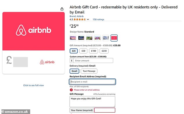 Louise Hogood recently lost £350 in the scam after receiving what appeared to be an email from her elderly uncle (Pictured: a screenshot of the Airbnb gift card page on Amazon)