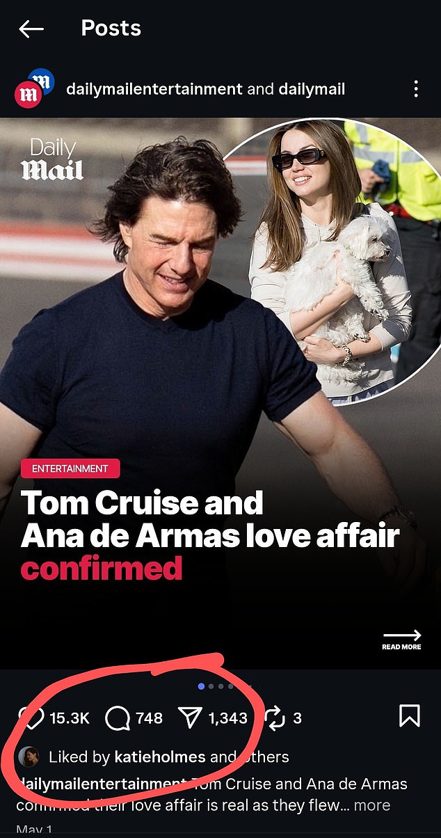 Fans went wild as Katie Holmes appeared to like an Instagram post regarding the confirmation of her ex Tom Cruise and Ana de Armas' new romance back in May