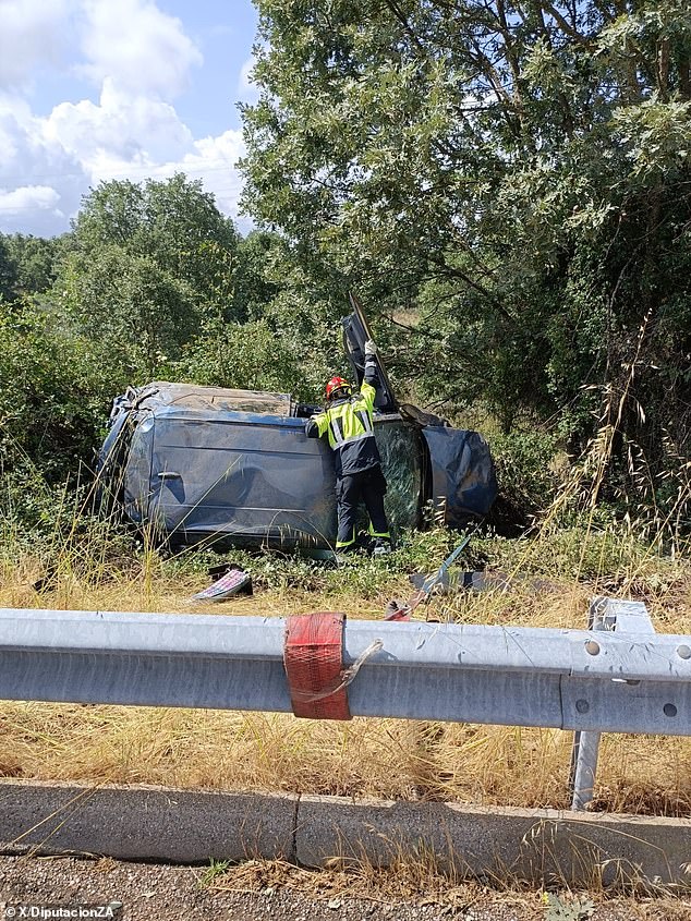 A female driver, 60, nearly died on the same dangerous highway where Liverpool footballer Diogo Jota and his younger brother only died in a Lamborghini crash (Pictured: the woman's car)