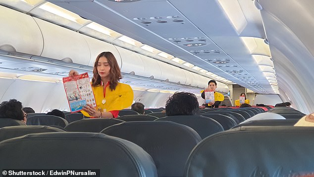 He guided passengers through some stretches - which ended with them placing the seat card back in the seat to help the turnaround time of cleaning the plane (stock image)