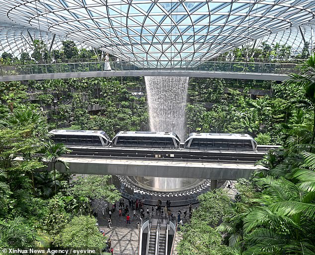The 130ft-high waterfall at Changi, Singapore