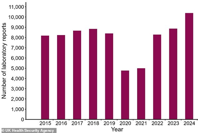 UKHSA figures released last month showed salmonella cases hit a record decade high in 2024, soaring by almost a fifth in a single year to over 10,000 cases