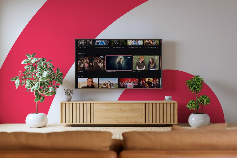 3D rendering of a living room with a wall-mounted TV showing streaming services.
