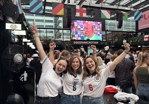 Lionesses fans, including Danielle Howardbourne, pictured centre, cheered their side to victory at Box Park Croydon on Sunday night