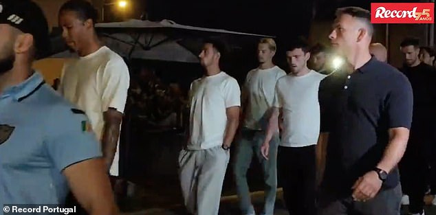 Liverpool teammates past and present flew to Portugal to pay their respects, including Virgil Van Dijk (left), Alexis Mac Allister (centre, with hands in pocket) and Andy Robertson (second from right)