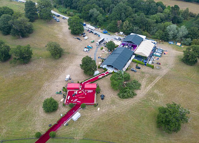 An aerial view of the wedding preparations for Eve Jobs and Harry Charles's lavish nuptials this weekend showed a red carpet was rolled out for guests to party the night away