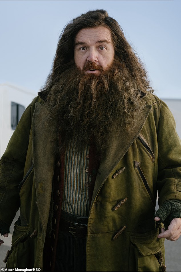 Filming of Harry Potter 's TV series is continuing as bosses released a first look of Nick Frost in the role as Rubeus Hagrid