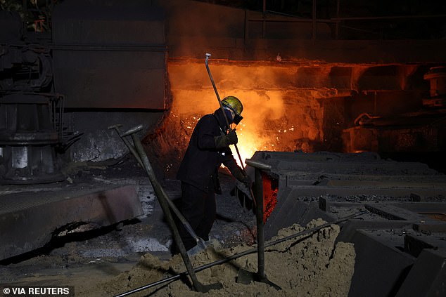 A worker at one of the blast furnaces at British Steel's site in Scunthorpe