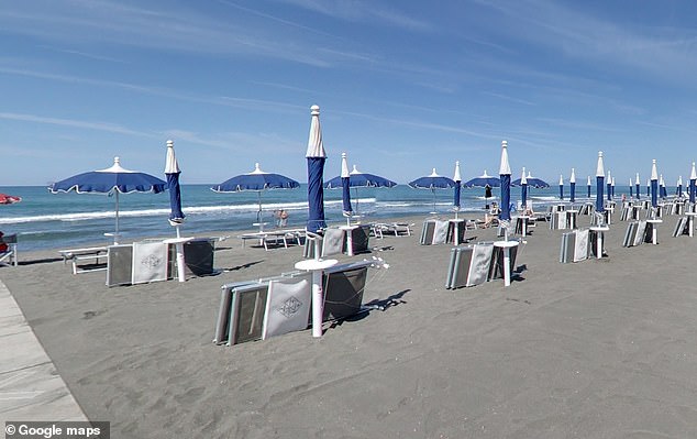 After the tunnel collapsed, a huge hole was left in the sand, but it reportedly closed in on itself, leaving no sign of the teenager. Pictured: Montalto di Castro beach in Italy