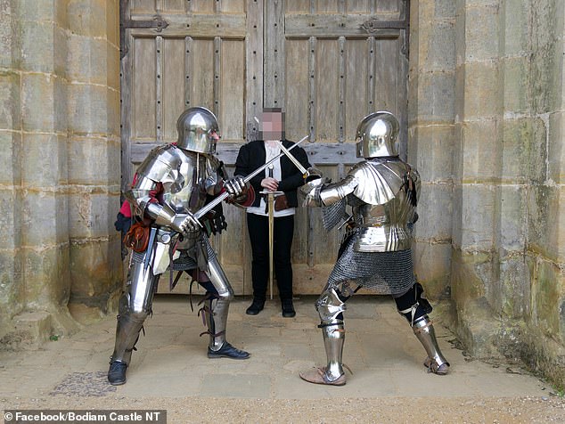 The man, who was taking part in a medieval reenactment, was rushed to hospital after suffering a horrendous sword injury at Bodiam Castle in East Sussex (pictured - those involved in the reenactment not pictured)