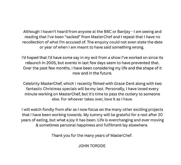 Torode took to Instagram on Tuesday night after the Beeb said he would no longer be hosting MasterChef