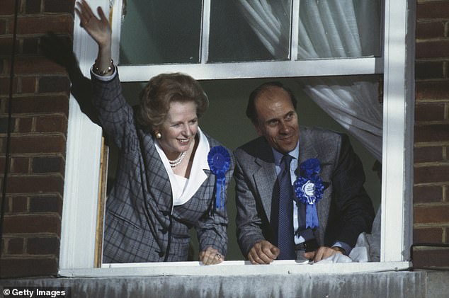 Prime Minister Margaret Thatcher and Tory chairman Norman Tebbit on election night in June 1987, when the Conservatives achieved another landslide victory