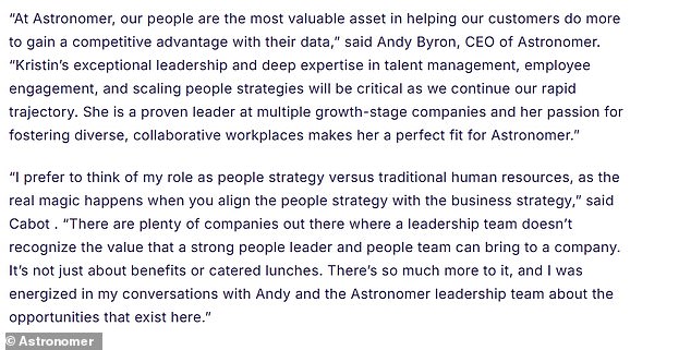And now, a press release announcing Kristin's appointment in November has resurfaced - featuring lauded praise from Andy, who is also facing renewed backlash about prior allegations that he 'lashed out' at employees in his previous job