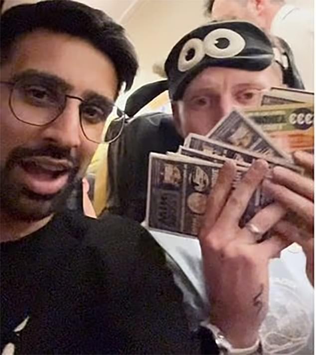 Ryanair passenger Evan Payne, right, recently bought every single card on a flight and ended up empty handed, with YouTuber Vikram Singh Barn filming the stunt for social media