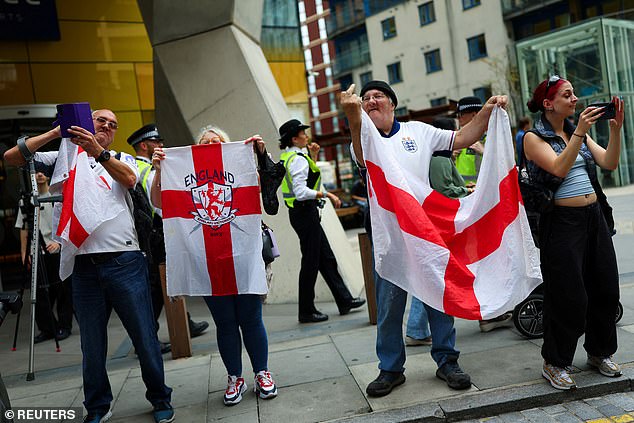 Anti-immigration demonstrators protest outside the Britannia International Hotel in Canary Wharf