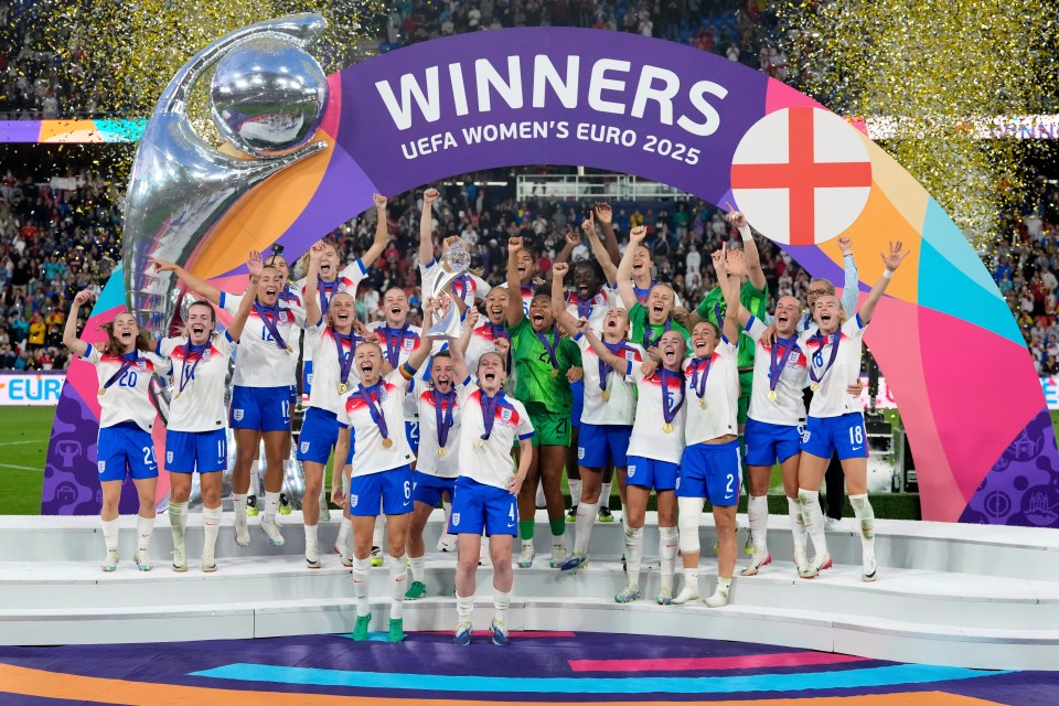 England's women's soccer team celebrates their UEFA Women's Euro 2025 victory.