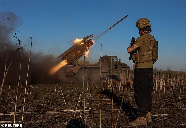 Ukraine's 25th Sicheslav Airborne Brigade fire a rocket launch system towards Russian troops