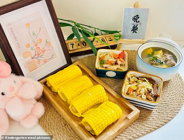 Hundreds of kindergarten pupils have been poisoned after cooks used paint to decorate their meals. Pictured: A photo provided by the kindergarten to parents shows bright yellow corn rolls and stir-fried vegetables