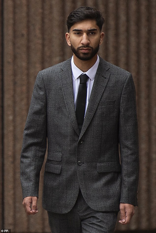 Mohammed Fahir Amaaz, 20, arriving at Liverpool Crown Court today where he told a jury he fought back as an armed officer tried to arrest him because he feared he planned to ‘batter me to the point where I was dead’.