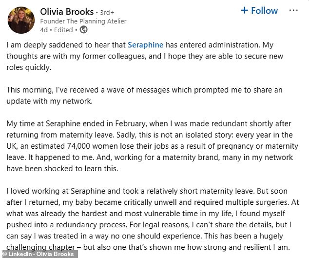 Olivia published a post on her LinkedIn in which she said her forced exit came shortly after her daughter became unwell and had been through multiple surgeries