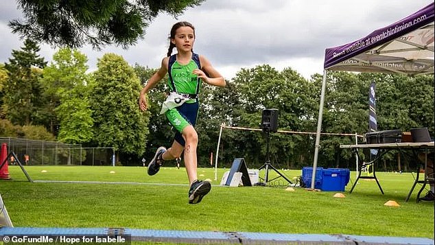 Isabelle Vella (pictured), of Cambridgeshire, was once a 'carefree, adventurous and happy' child who enjoyed partaking in triathlon events and spending time with her friends. But after complaining of leg pains, in April she was diagnosed with Osteochondroma, a rare bone cancer