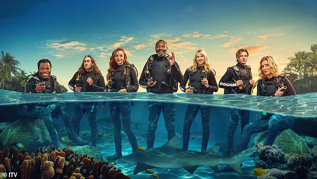 Shark! Celebrity Infested Waters also stars Rachel Riley, 39, Lucy Punch, 47, Dougie Poynter, 37, Ade Adepitan, 52, Sir Lenny Henry, 66, and Ross Noble, 48