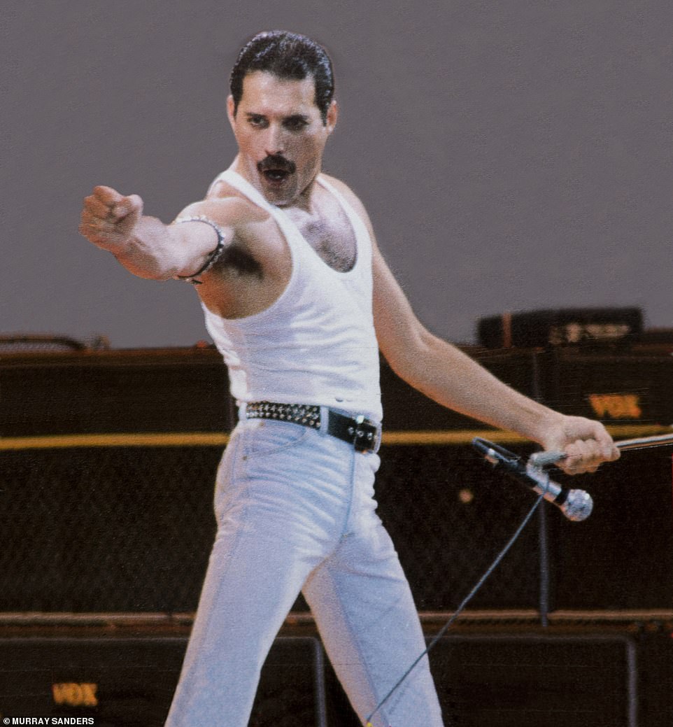 Queen frontman, the late Freddie Mercury during a rousing rendition of We Are The Champions at Live Aid