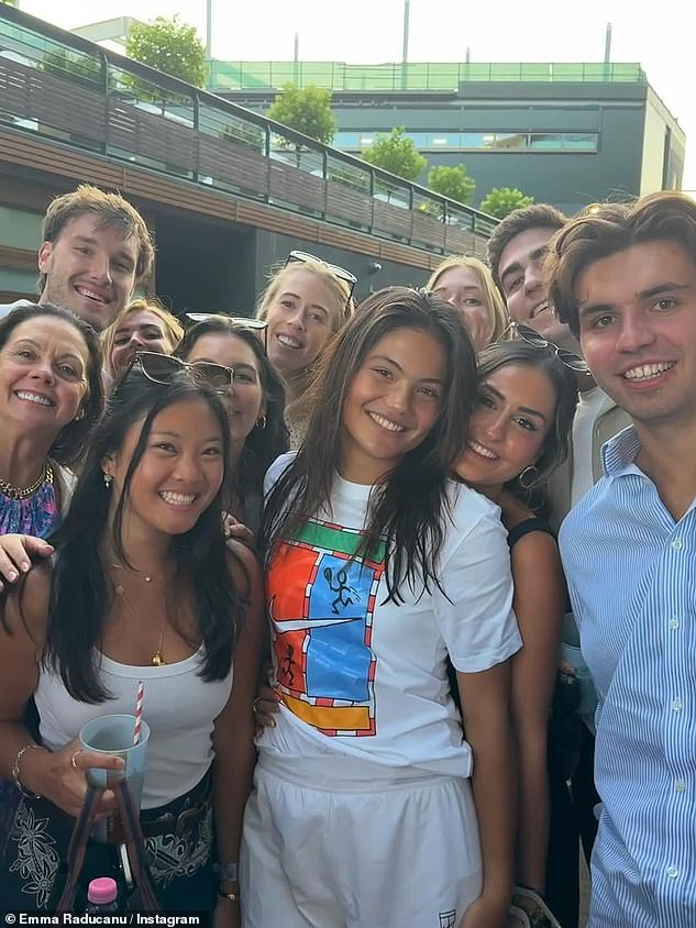 Raducanu was supported by a raft of old friends on Centre Court (BACK ROW LEFT TO RIGHT: Benjamin Heynold's mother, Michael Churich, Chelsea Annalls, Nicole Petchey, Myah Petchey, Ryan Cohen FRONT ROW: Tessa Teo, Raducanu's friend Shauna, Raducanu, Carla Wilfert, and Heynold)