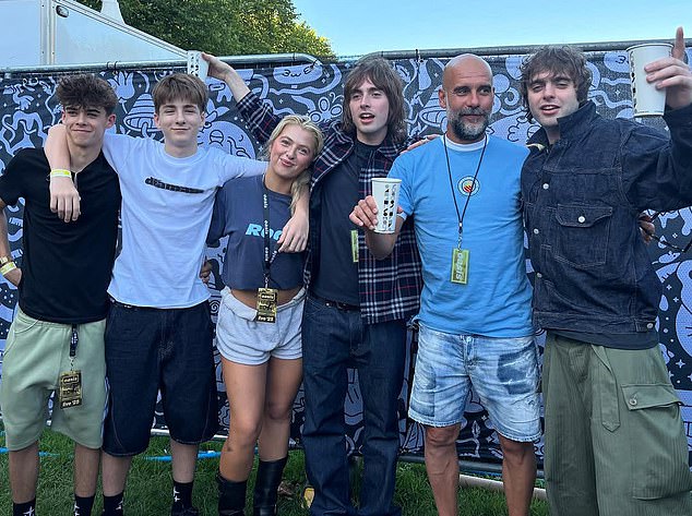 At Oasis’s first Manchester gig, Liam’s youngest child, Gene (centre), posted a photo of himself on Instagram with his brother Lennon (right), and his cousins, Anais, Donovan and Sonny, alongside Pep Guardiola, manager of Manchester City