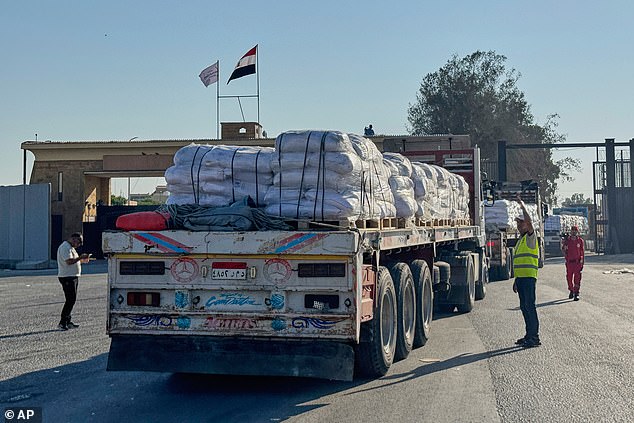 Trucks carrying humanitarian aids enter the Rafah crossing between Egypt and the Gaza Strip today